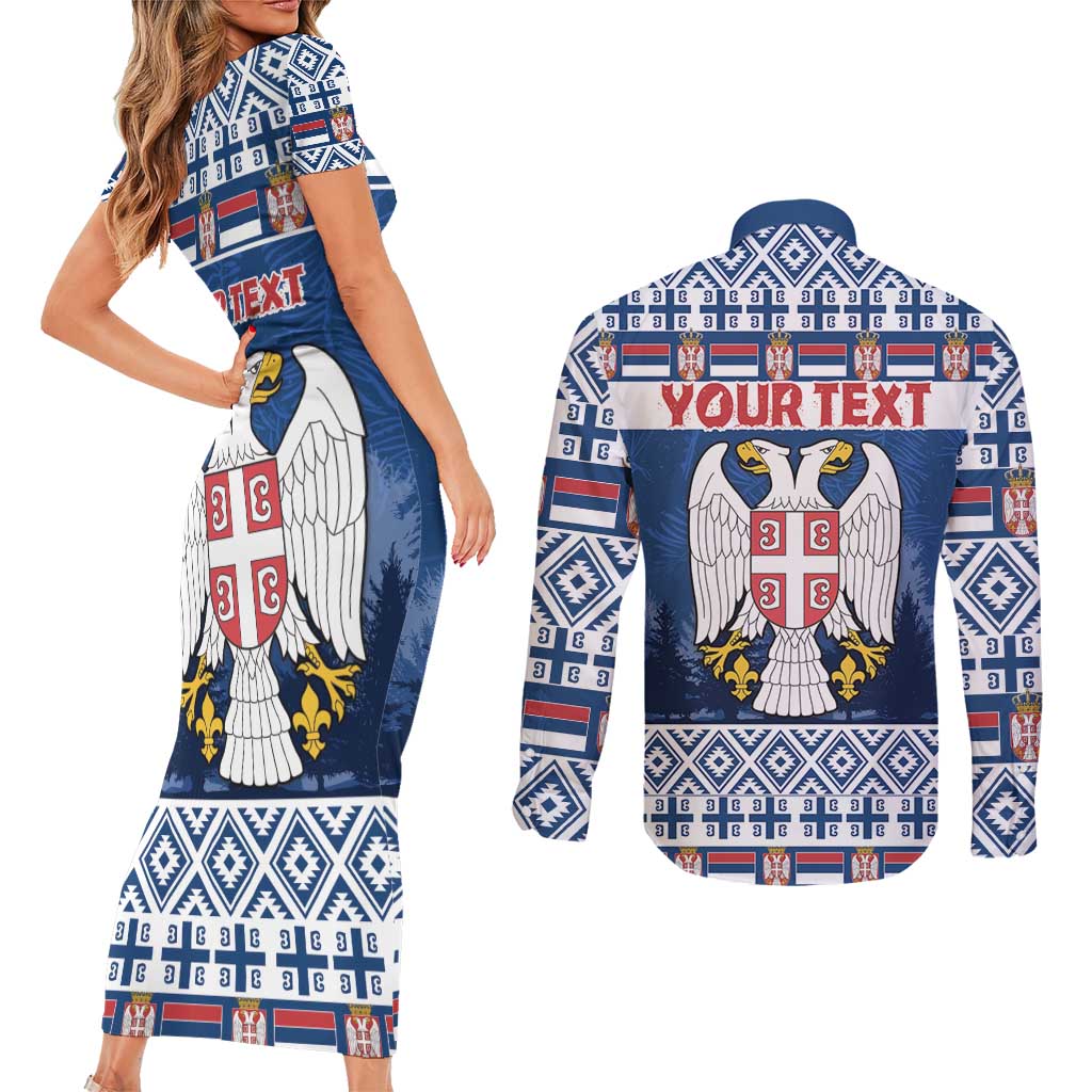 Personalized Serbia Christmas Couples Matching Short Sleeve Bodycon Dress and Long Sleeve Button Shirt Coat Of Arms - Blue Version - Wonder Print Shop