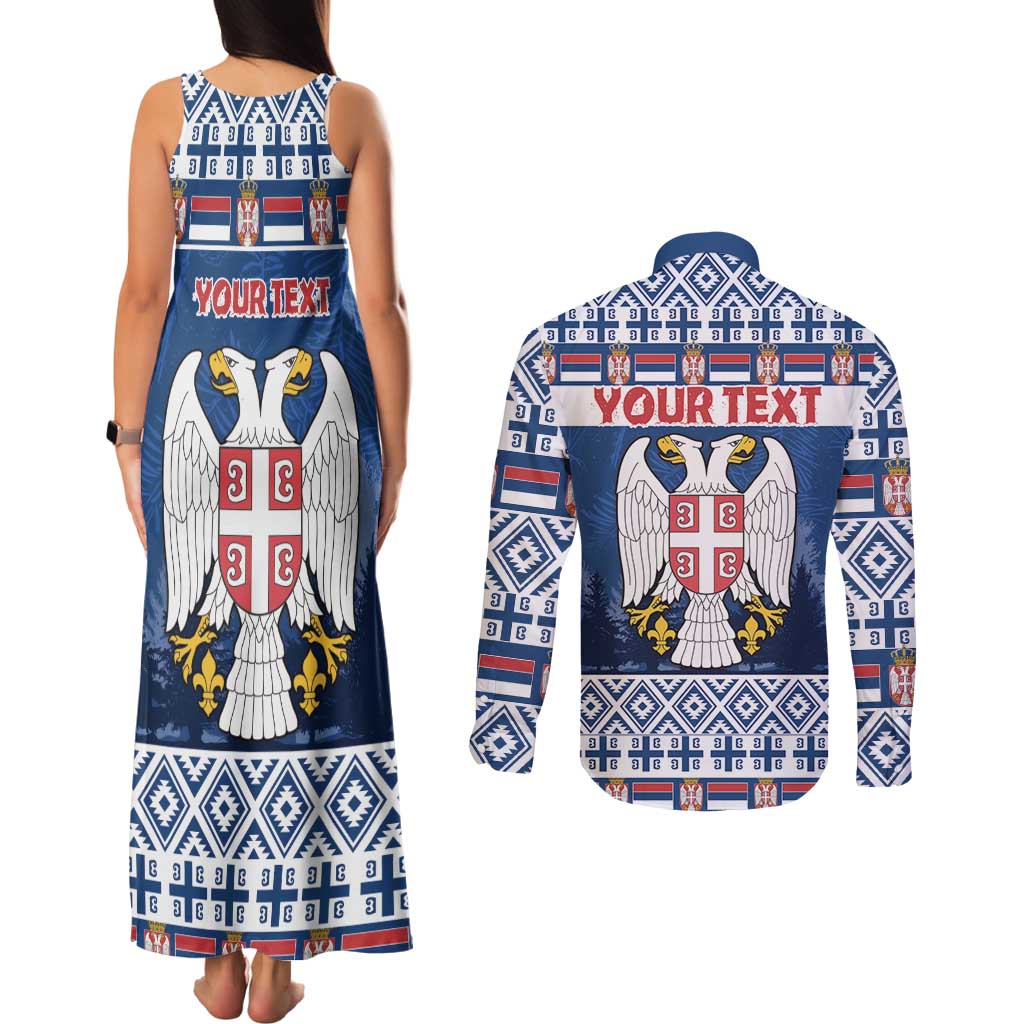 Personalized Serbia Christmas Couples Matching Tank Maxi Dress and Long Sleeve Button Shirt Coat Of Arms - Blue Version - Wonder Print Shop