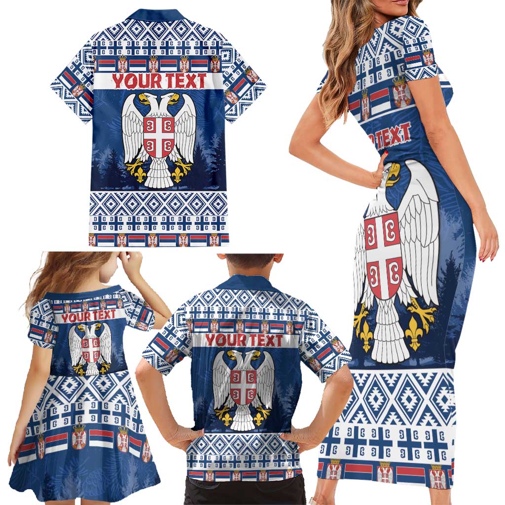 Personalized Serbia Christmas Family Matching Short Sleeve Bodycon Dress and Hawaiian Shirt Coat Of Arms - Blue Version - Wonder Print Shop