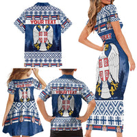 Personalized Serbia Christmas Family Matching Short Sleeve Bodycon Dress and Hawaiian Shirt Coat Of Arms - Blue Version - Wonder Print Shop