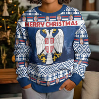 Personalized Serbia Christmas Kid Ugly Christmas Sweater Coat Of Arms - Blue Version - Wonder Print Shop