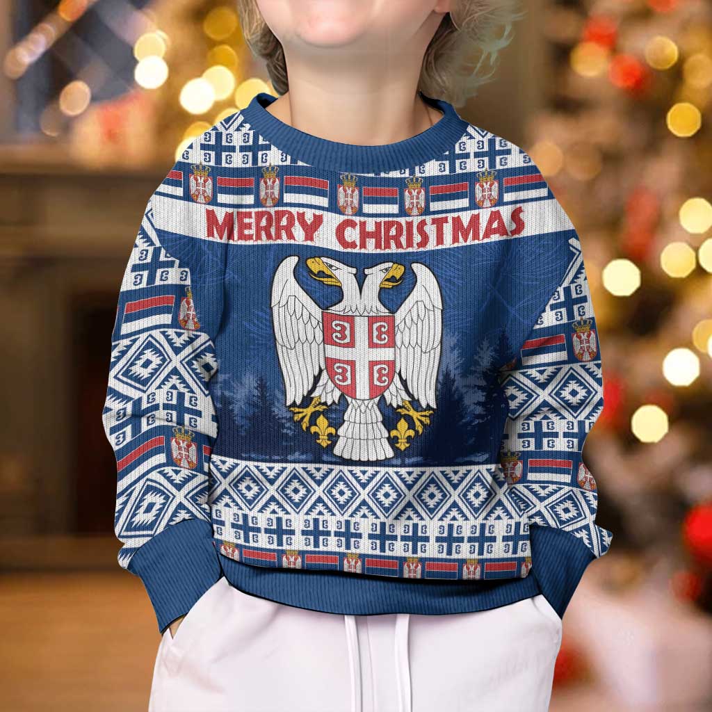 Personalized Serbia Christmas Kid Ugly Christmas Sweater Coat Of Arms - Blue Version - Wonder Print Shop