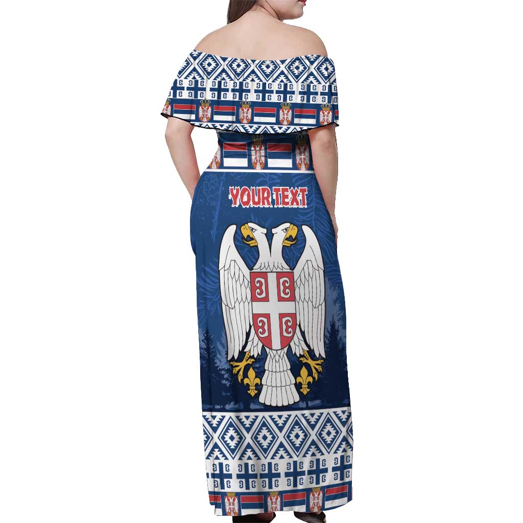Personalized Serbia Christmas Off Shoulder Maxi Dress Coat Of Arms - Blue Version - Wonder Print Shop