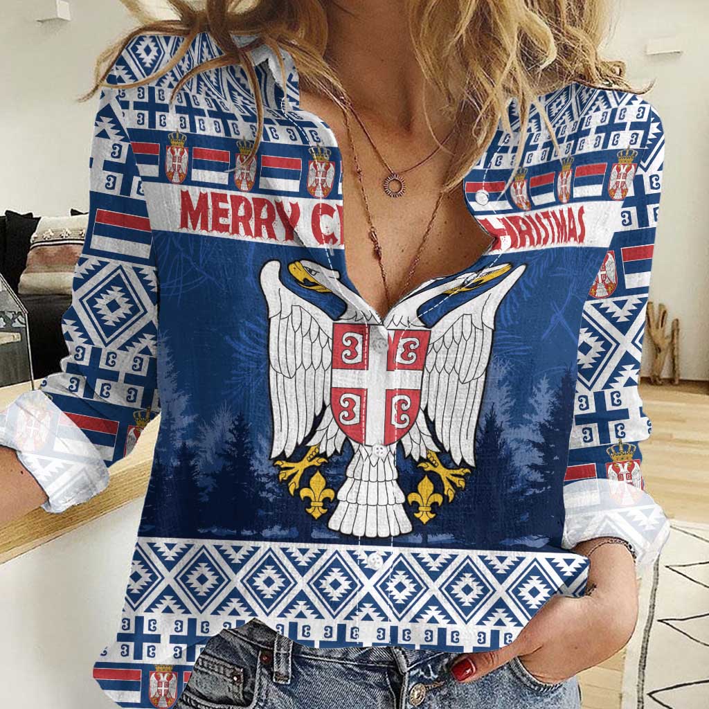 Personalized Serbia Christmas Women Casual Shirt Coat Of Arms - Blue Version - Wonder Print Shop