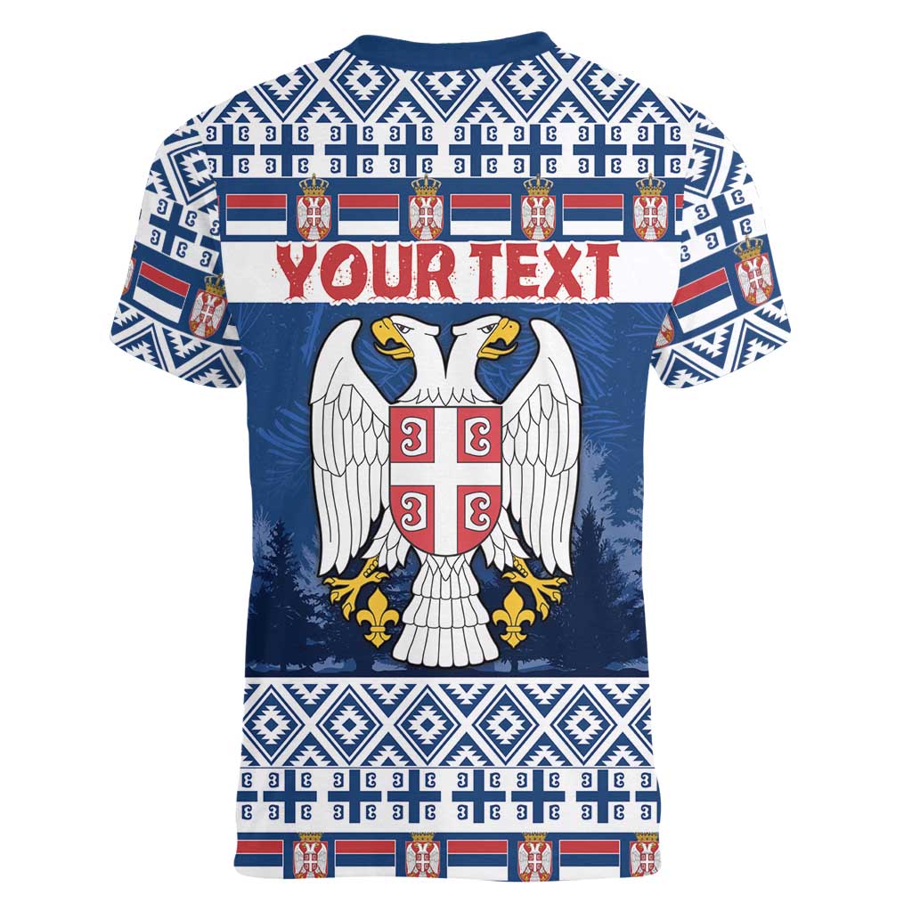 Personalized Serbia Christmas Women V-Neck T-Shirt Coat Of Arms - Blue Version - Wonder Print Shop