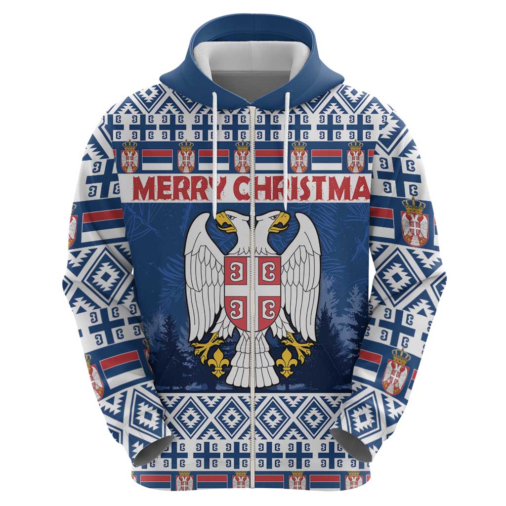 Personalized Serbia Christmas Zip Hoodie Coat Of Arms - Blue Version - Wonder Print Shop