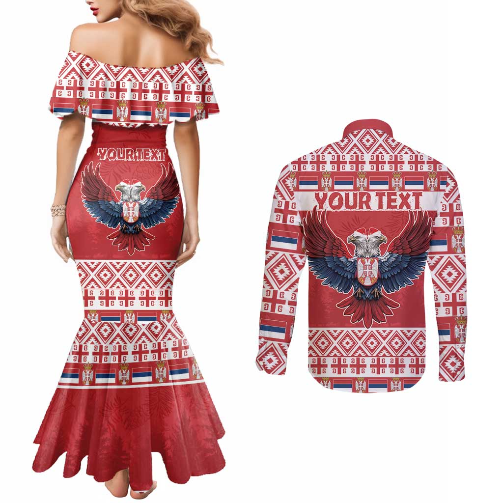 Personalized Serbia Christmas Couples Matching Mermaid Dress and Long Sleeve Button Shirt Double-Headed Eagle - Red Version