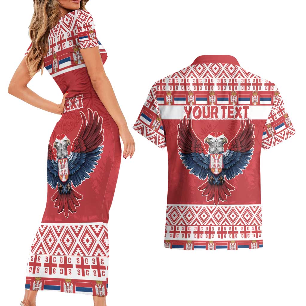 Personalized Serbia Christmas Couples Matching Short Sleeve Bodycon Dress and Hawaiian Shirt Double-Headed Eagle - Red Version - Wonder Print Shop