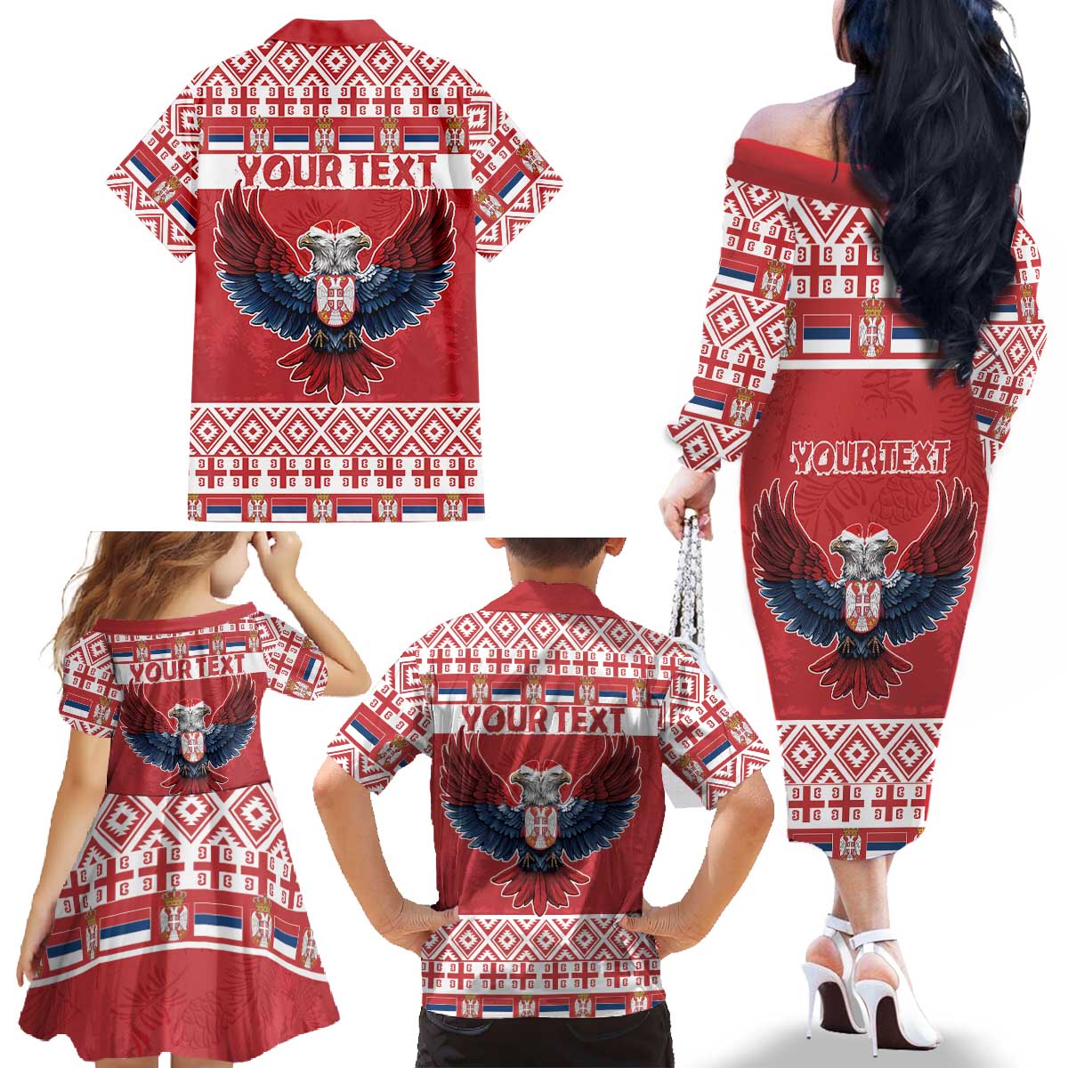 Personalized Serbia Christmas Family Matching Off The Shoulder Long Sleeve Dress and Hawaiian Shirt Double-Headed Eagle - Red Version - Wonder Print Shop