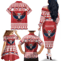 Personalized Serbia Christmas Family Matching Off The Shoulder Long Sleeve Dress and Hawaiian Shirt Double-Headed Eagle - Red Version - Wonder Print Shop