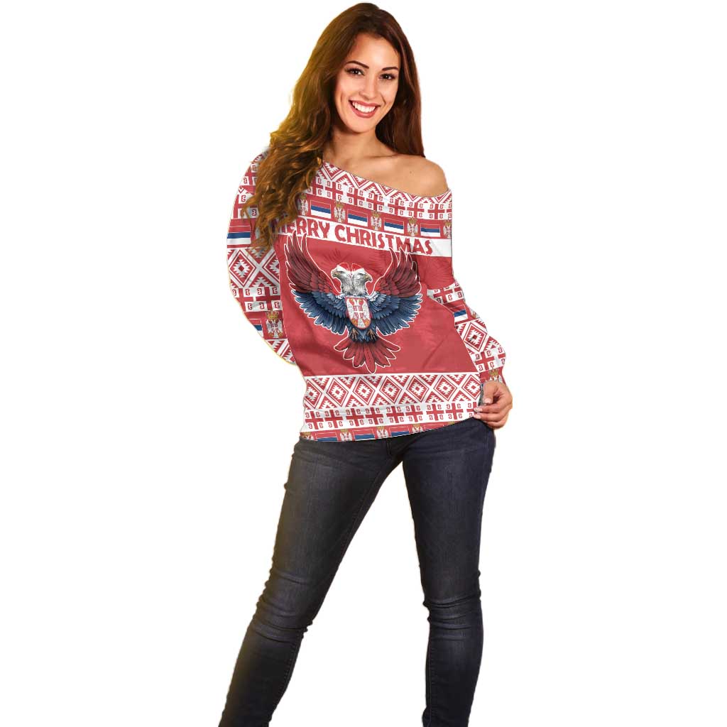 Personalized Serbia Christmas Off Shoulder Sweater Double-Headed Eagle - Red Version - Wonder Print Shop