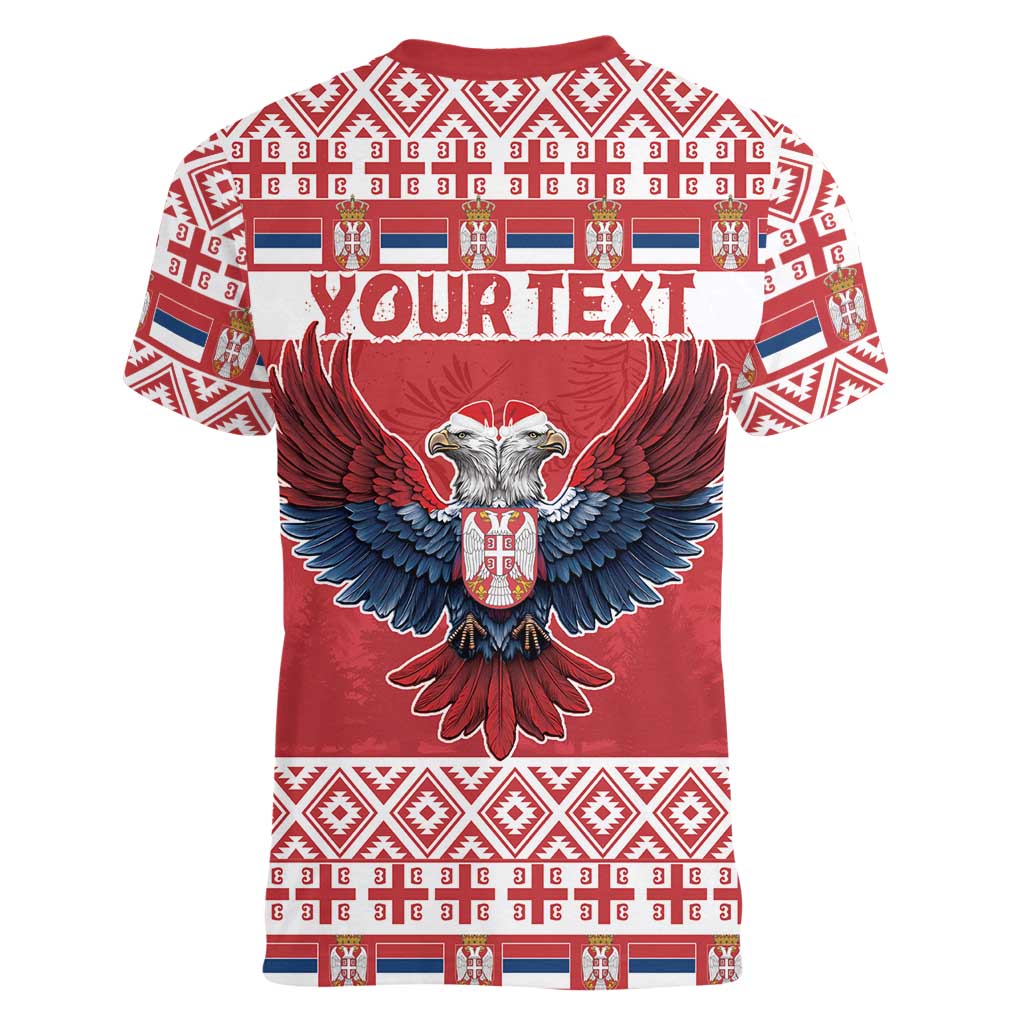 Personalized Serbia Christmas Women V-Neck T-Shirt Double-Headed Eagle - Red Version - Wonder Print Shop