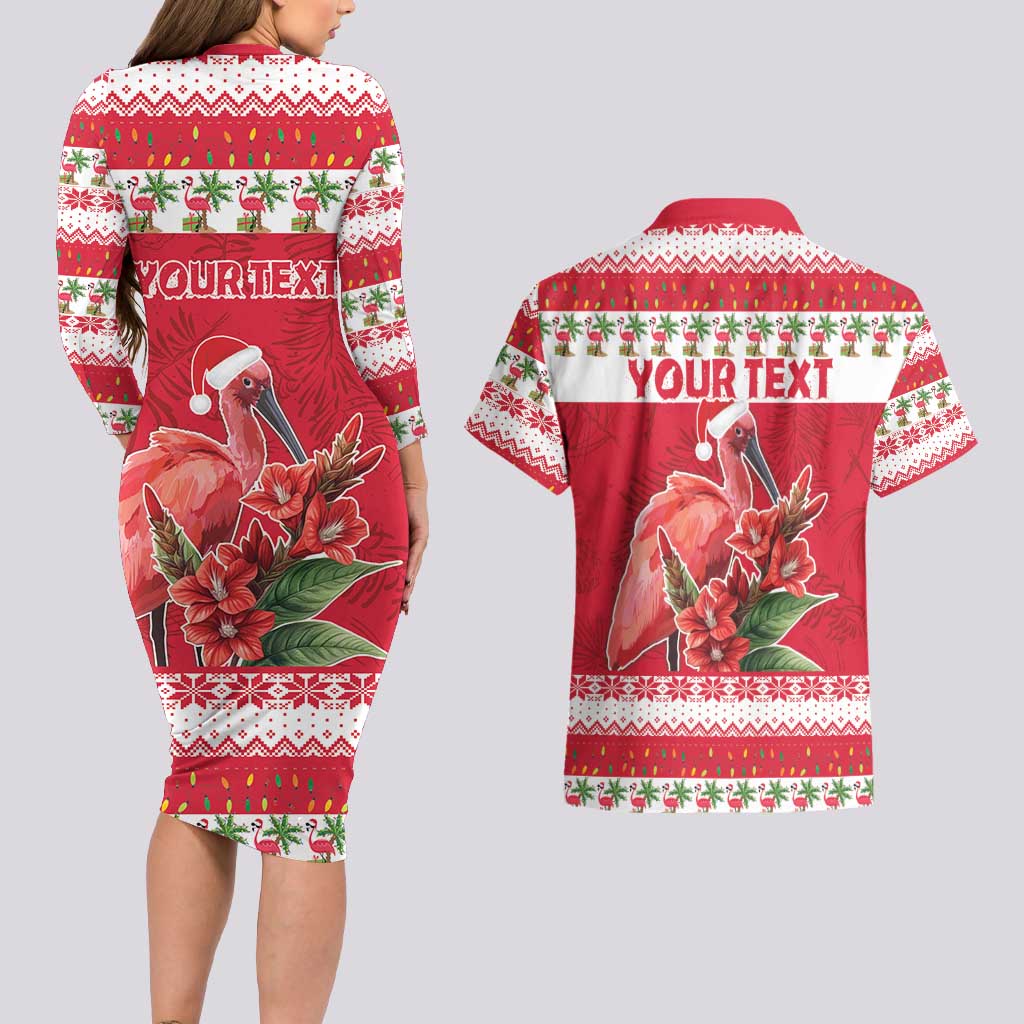 Personalized Trinidad and Tobago Christmas Couples Matching Long Sleeve Bodycon Dress and Hawaiian Shirt Scarlet Ibis with Chaconia Flowers - Wonder Print Shop