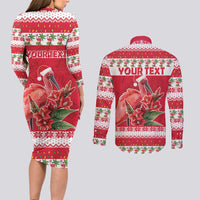 Personalized Trinidad and Tobago Christmas Couples Matching Long Sleeve Bodycon Dress and Long Sleeve Button Shirt Scarlet Ibis with Chaconia Flowers - Wonder Print Shop