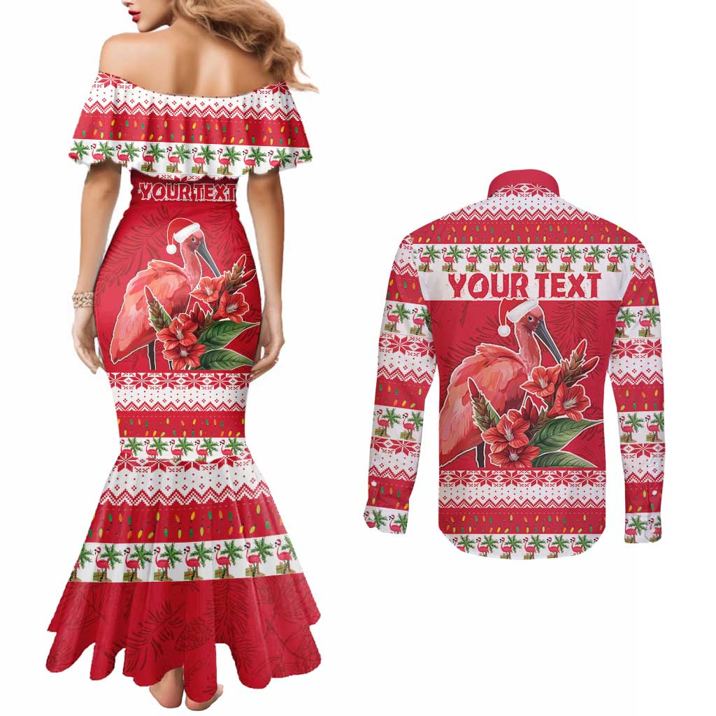 Personalized Trinidad and Tobago Christmas Couples Matching Mermaid Dress and Long Sleeve Button Shirt Scarlet Ibis with Chaconia Flowers