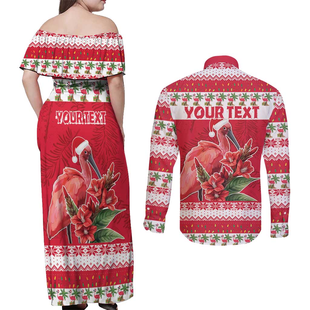 Personalized Trinidad and Tobago Christmas Couples Matching Off Shoulder Maxi Dress and Long Sleeve Button Shirt Scarlet Ibis with Chaconia Flowers - Wonder Print Shop
