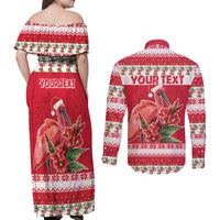 Personalized Trinidad and Tobago Christmas Couples Matching Off Shoulder Maxi Dress and Long Sleeve Button Shirt Scarlet Ibis with Chaconia Flowers - Wonder Print Shop