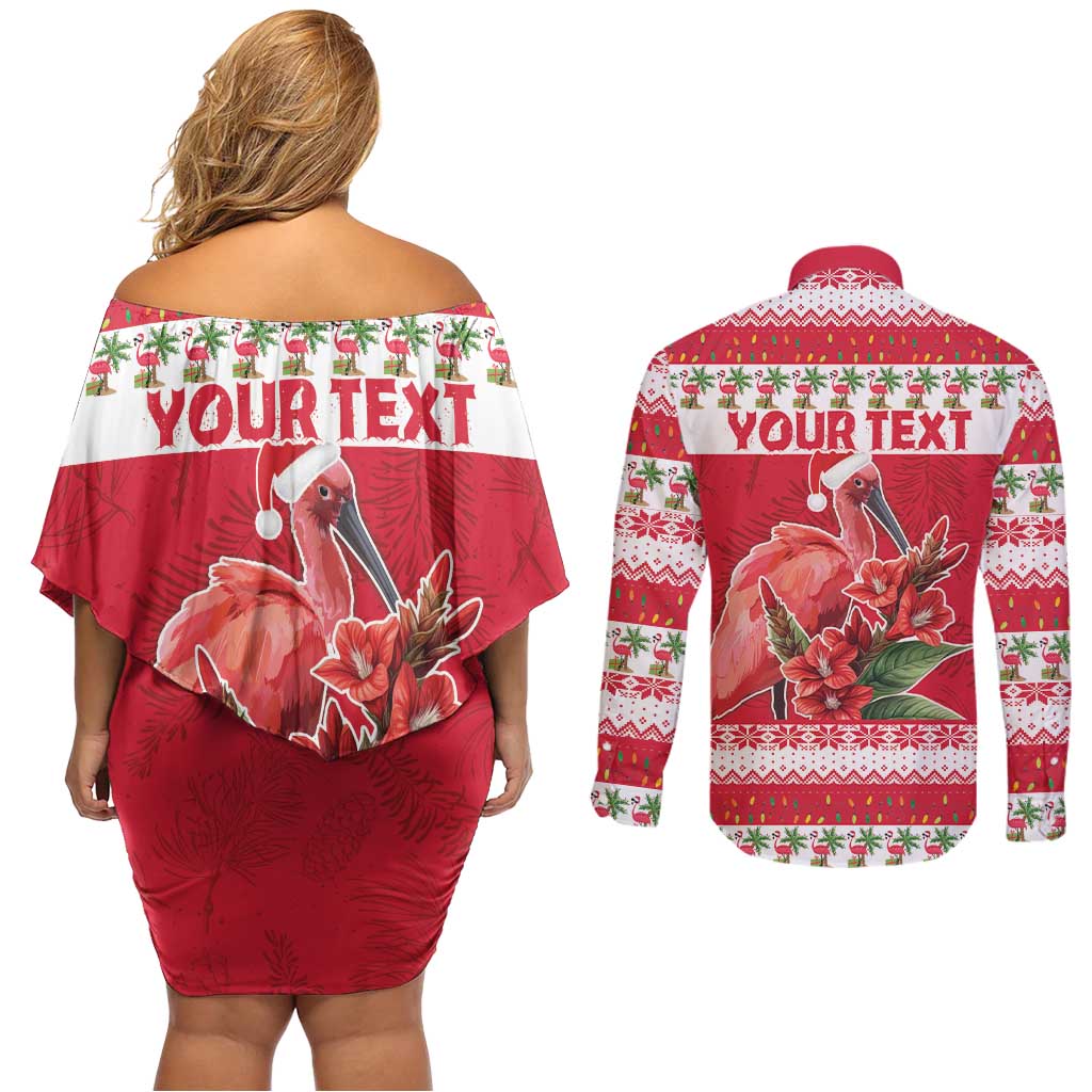 Personalized Trinidad and Tobago Christmas Couples Matching Off Shoulder Short Dress and Long Sleeve Button Shirt Scarlet Ibis with Chaconia Flowers - Wonder Print Shop