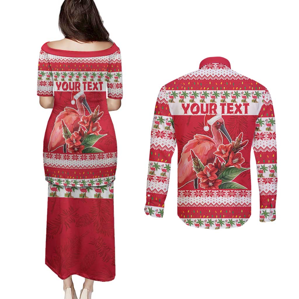 Personalized Trinidad and Tobago Christmas Couples Matching Puletasi and Long Sleeve Button Shirt Scarlet Ibis with Chaconia Flowers - Wonder Print Shop