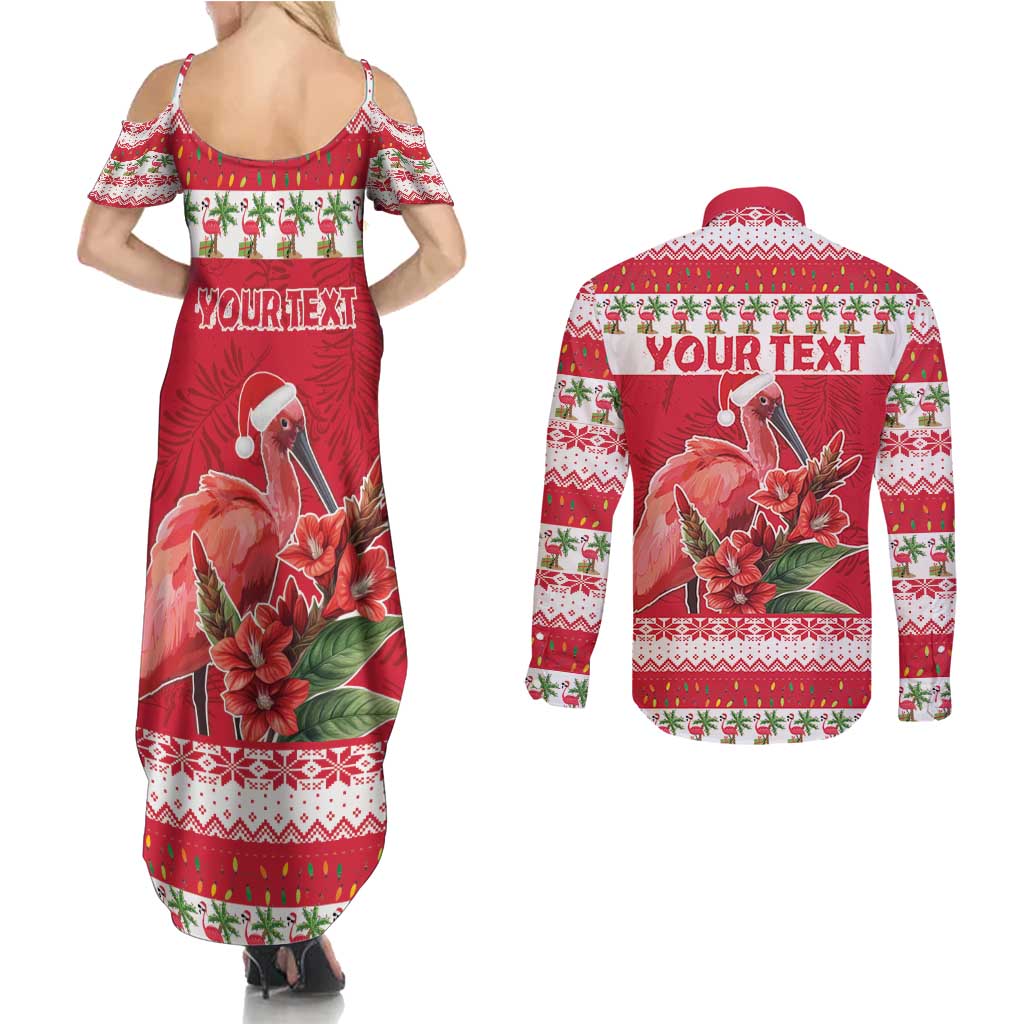 Personalized Trinidad and Tobago Christmas Couples Matching Summer Maxi Dress and Long Sleeve Button Shirt Scarlet Ibis with Chaconia Flowers - Wonder Print Shop