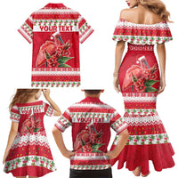 Personalized Trinidad and Tobago Christmas Family Matching Mermaid Dress and Hawaiian Shirt Scarlet Ibis with Chaconia Flowers - Wonder Print Shop