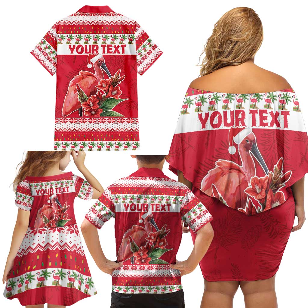 Personalized Trinidad and Tobago Christmas Family Matching Off Shoulder Short Dress and Hawaiian Shirt Scarlet Ibis with Chaconia Flowers - Wonder Print Shop