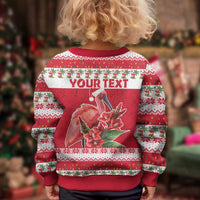 Personalized Trinidad and Tobago Christmas Kid Ugly Christmas Sweater Scarlet Ibis with Chaconia Flowers - Wonder Print Shop