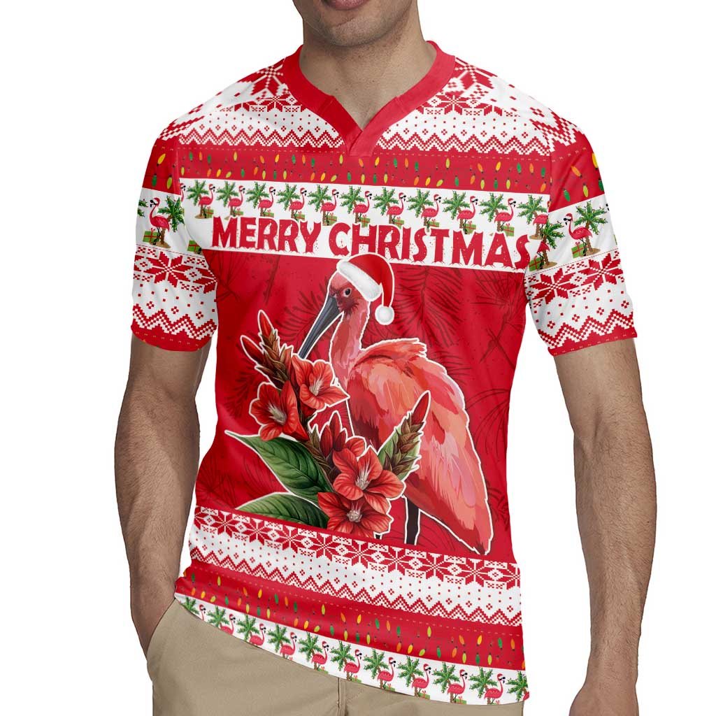 Personalized Trinidad and Tobago Christmas Rugby Jersey Scarlet Ibis with Chaconia Flowers - Wonder Print Shop