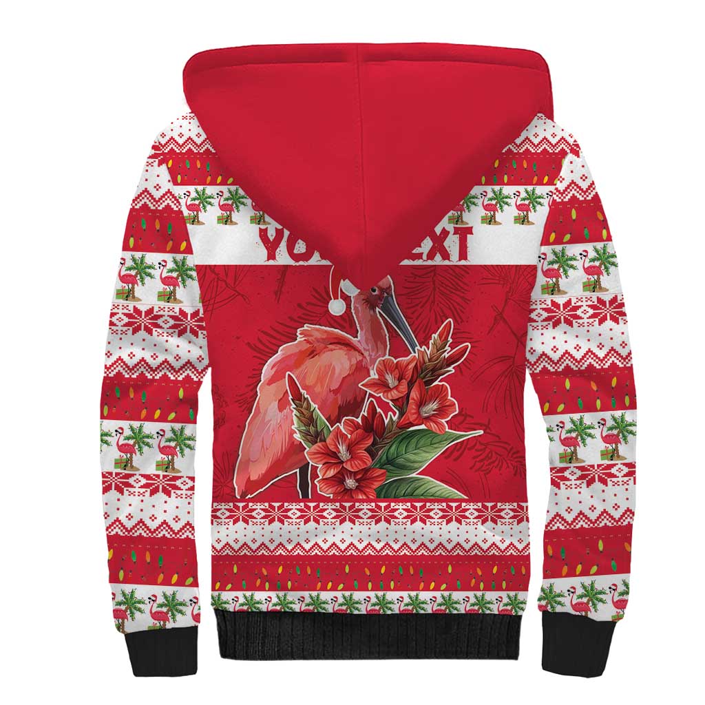 Personalized Trinidad and Tobago Christmas Sherpa Hoodie Scarlet Ibis with Chaconia Flowers - Wonder Print Shop