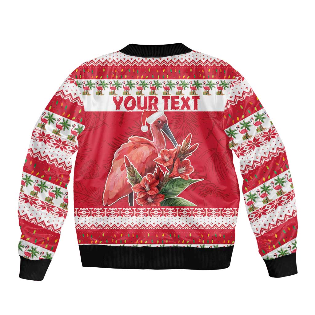 Personalized Trinidad and Tobago Christmas Sleeve Zip Bomber Jacket Scarlet Ibis with Chaconia Flowers - Wonder Print Shop