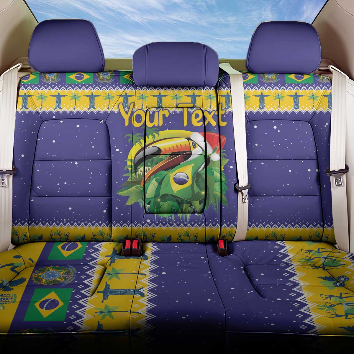 Personalized Brazil Christmas Back Car Seat Cover Toco Toucan with Brazil Flag - Wonder Print Shop