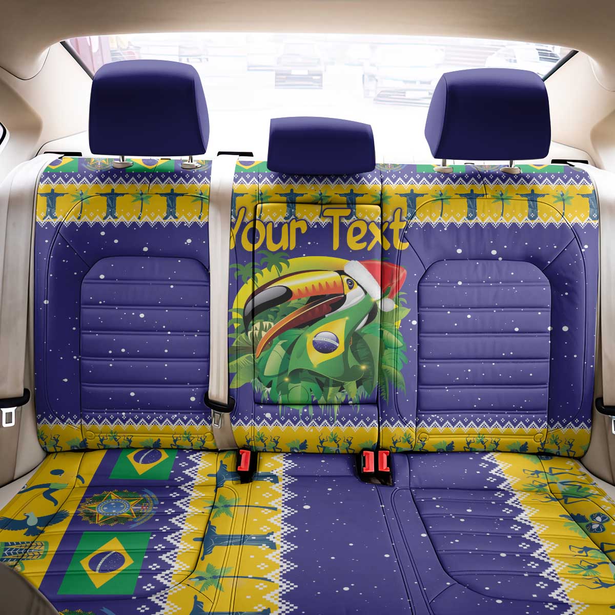 Personalized Brazil Christmas Back Car Seat Cover Toco Toucan with Brazil Flag - Wonder Print Shop
