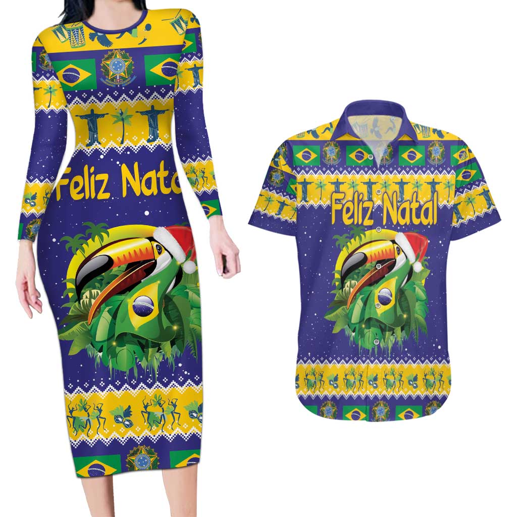 Personalized Brazil Christmas Couples Matching Long Sleeve Bodycon Dress and Hawaiian Shirt Toco Toucan with Brazil Flag - Wonder Print Shop