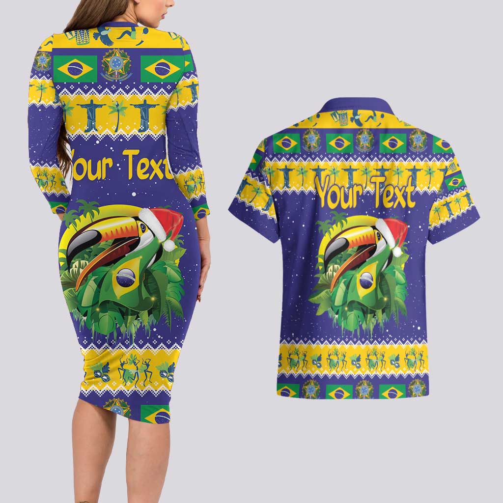 Personalized Brazil Christmas Couples Matching Long Sleeve Bodycon Dress and Hawaiian Shirt Toco Toucan with Brazil Flag - Wonder Print Shop