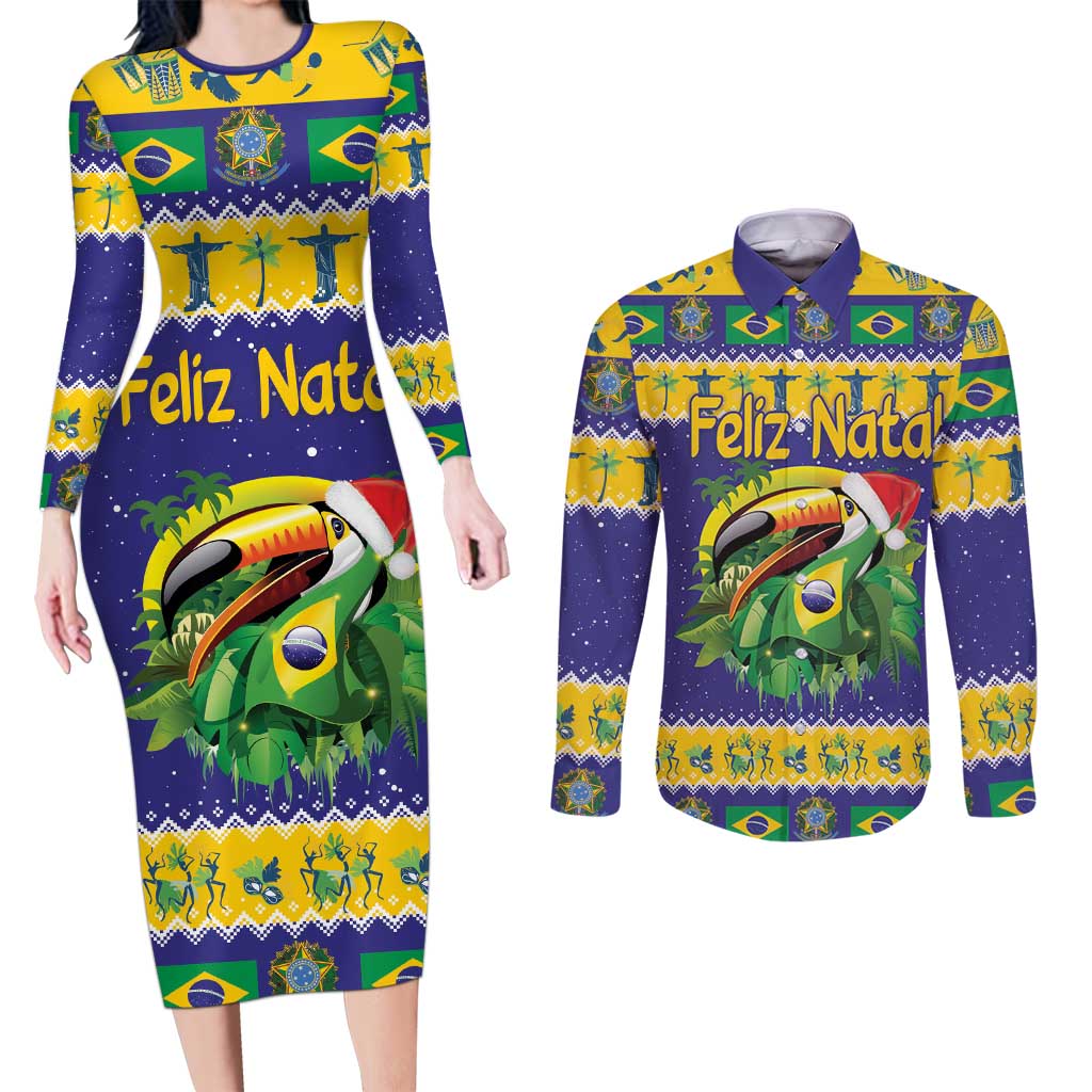 Personalized Brazil Christmas Couples Matching Long Sleeve Bodycon Dress and Long Sleeve Button Shirt Toco Toucan with Brazil Flag - Wonder Print Shop