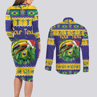 Personalized Brazil Christmas Couples Matching Long Sleeve Bodycon Dress and Long Sleeve Button Shirt Toco Toucan with Brazil Flag - Wonder Print Shop