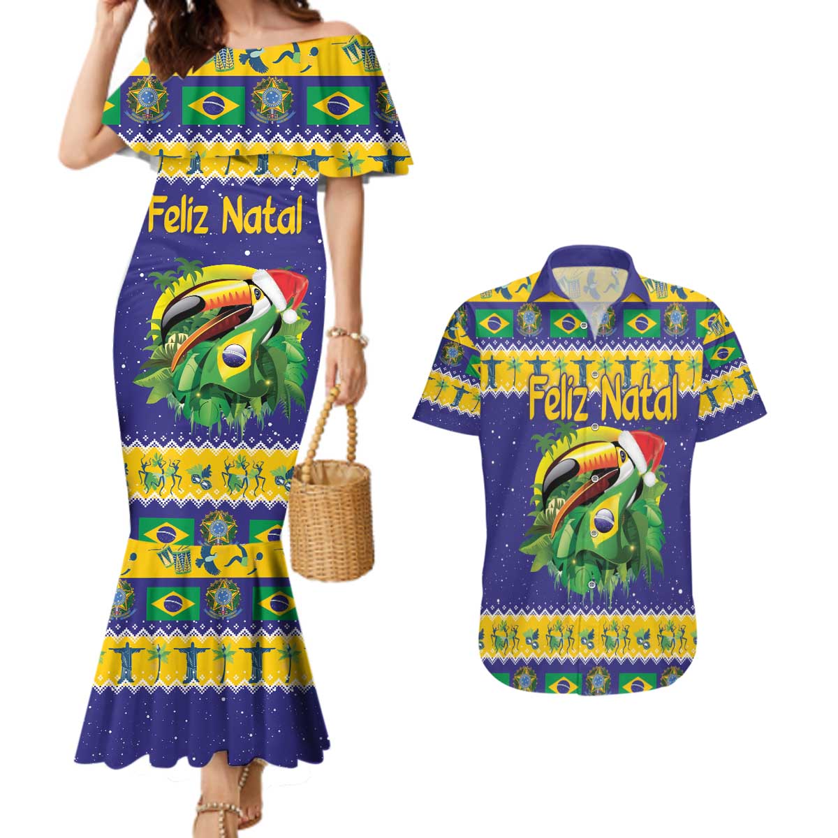 Personalized Brazil Christmas Couples Matching Mermaid Dress and Hawaiian Shirt Toco Toucan with Brazil Flag - Wonder Print Shop