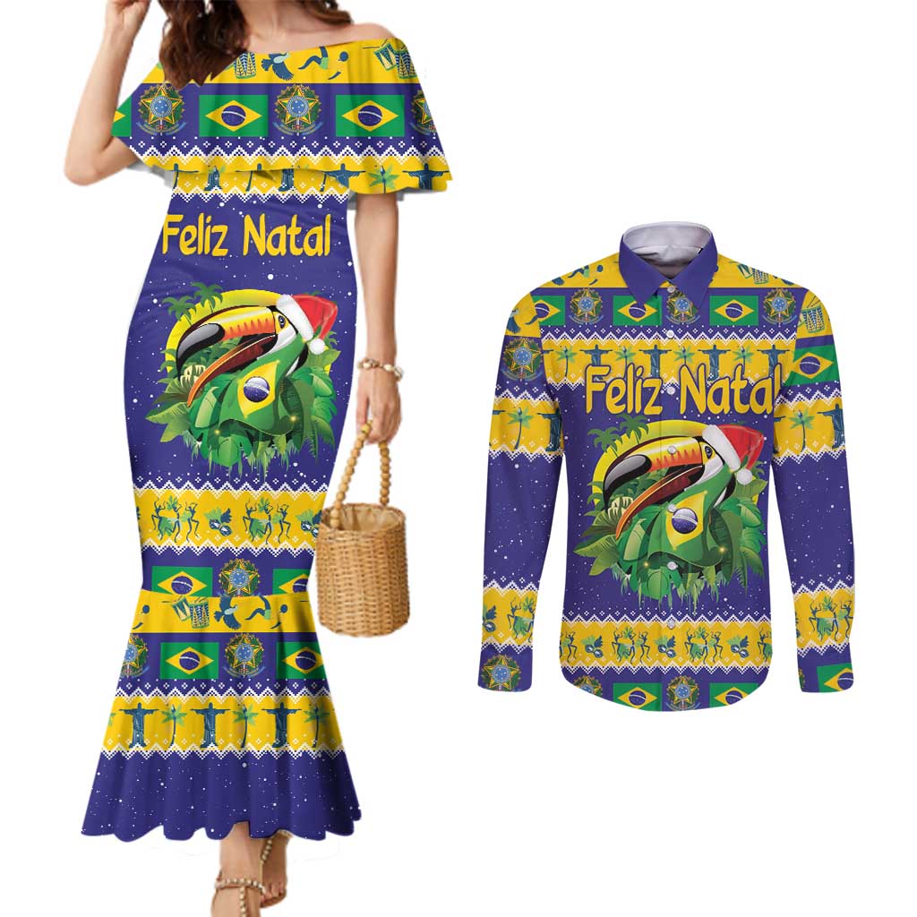 Personalized Brazil Christmas Couples Matching Mermaid Dress and Long Sleeve Button Shirt Toco Toucan with Brazil Flag