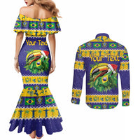 Personalized Brazil Christmas Couples Matching Mermaid Dress and Long Sleeve Button Shirt Toco Toucan with Brazil Flag