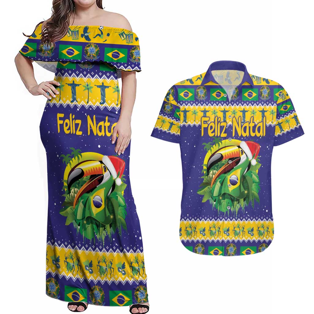 Personalized Brazil Christmas Couples Matching Off Shoulder Maxi Dress and Hawaiian Shirt Toco Toucan with Brazil Flag - Wonder Print Shop