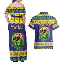 Personalized Brazil Christmas Couples Matching Off Shoulder Maxi Dress and Hawaiian Shirt Toco Toucan with Brazil Flag - Wonder Print Shop