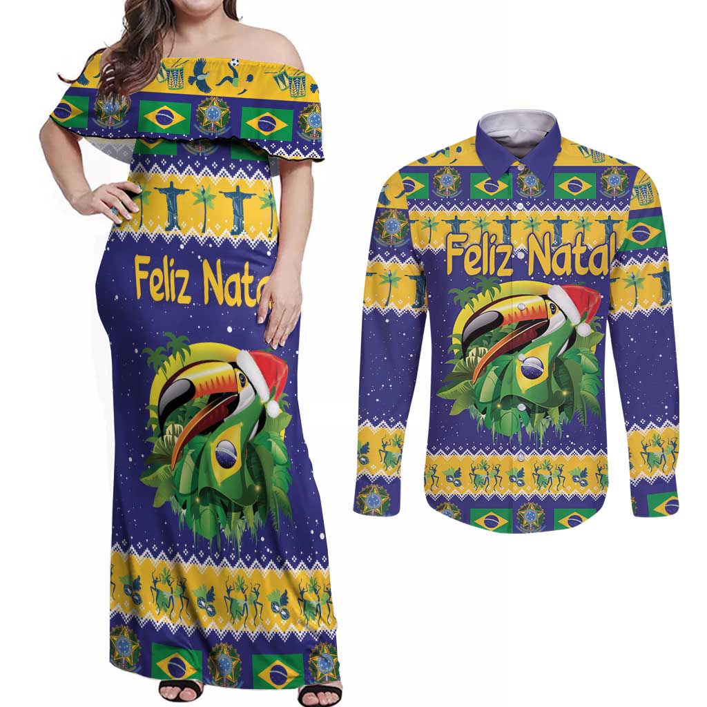 Personalized Brazil Christmas Couples Matching Off Shoulder Maxi Dress and Long Sleeve Button Shirt Toco Toucan with Brazil Flag - Wonder Print Shop