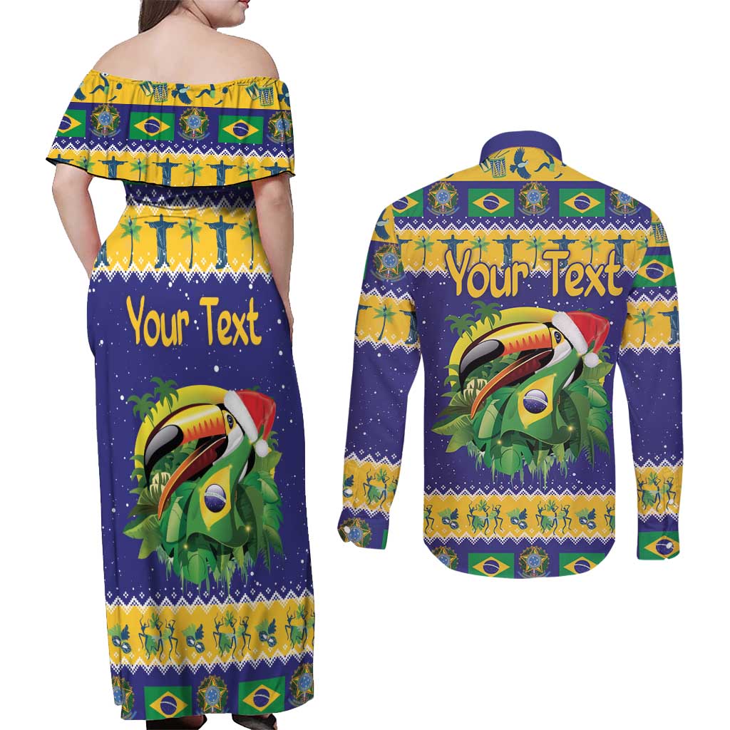 Personalized Brazil Christmas Couples Matching Off Shoulder Maxi Dress and Long Sleeve Button Shirt Toco Toucan with Brazil Flag - Wonder Print Shop