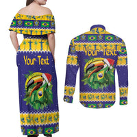 Personalized Brazil Christmas Couples Matching Off Shoulder Maxi Dress and Long Sleeve Button Shirt Toco Toucan with Brazil Flag - Wonder Print Shop