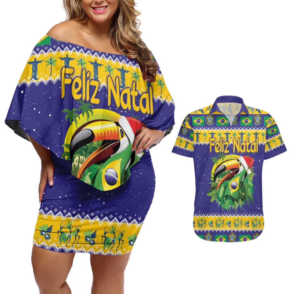 Personalized Brazil Christmas Couples Matching Off Shoulder Short Dress and Hawaiian Shirt Toco Toucan with Brazil Flag - Wonder Print Shop