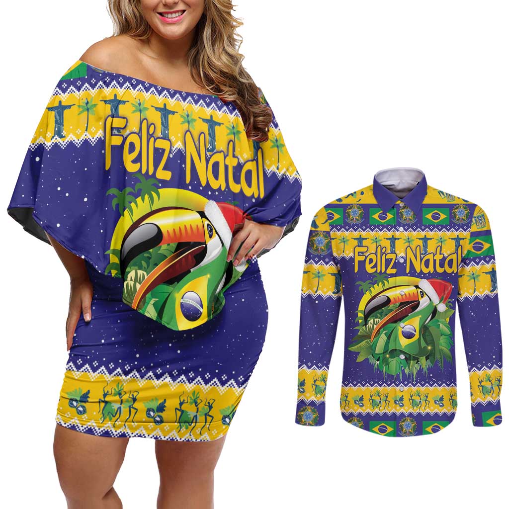 Personalized Brazil Christmas Couples Matching Off Shoulder Short Dress and Long Sleeve Button Shirt Toco Toucan with Brazil Flag - Wonder Print Shop