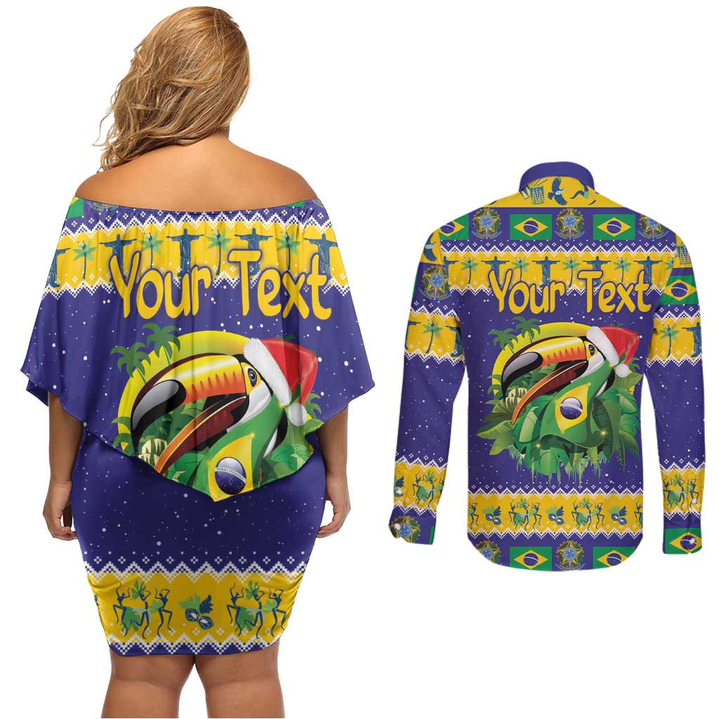 Personalized Brazil Christmas Couples Matching Off Shoulder Short Dress and Long Sleeve Button Shirt Toco Toucan with Brazil Flag - Wonder Print Shop