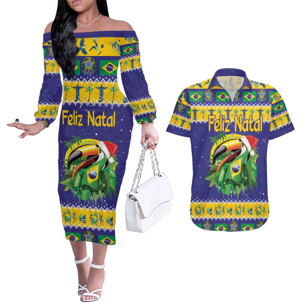 Personalized Brazil Christmas Couples Matching Off The Shoulder Long Sleeve Dress and Hawaiian Shirt Toco Toucan with Brazil Flag - Wonder Print Shop