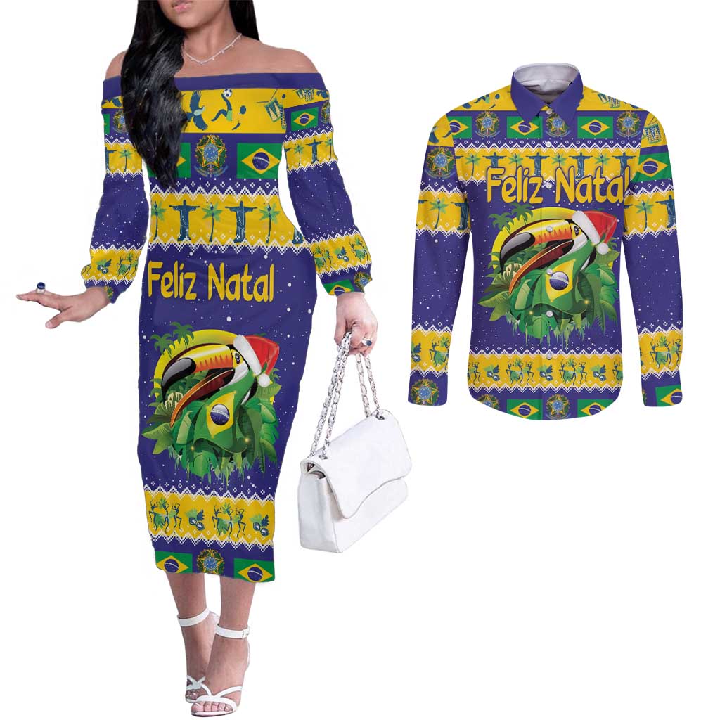 Personalized Brazil Christmas Couples Matching Off The Shoulder Long Sleeve Dress and Long Sleeve Button Shirt Toco Toucan with Brazil Flag