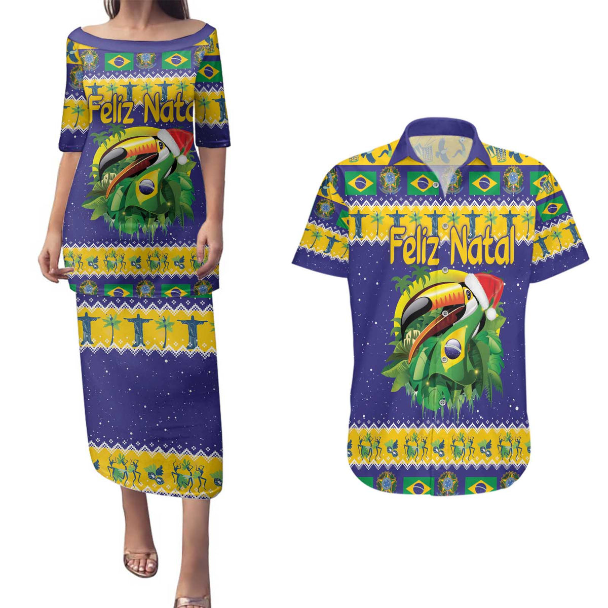 Personalized Brazil Christmas Couples Matching Puletasi and Hawaiian Shirt Toco Toucan with Brazil Flag - Wonder Print Shop